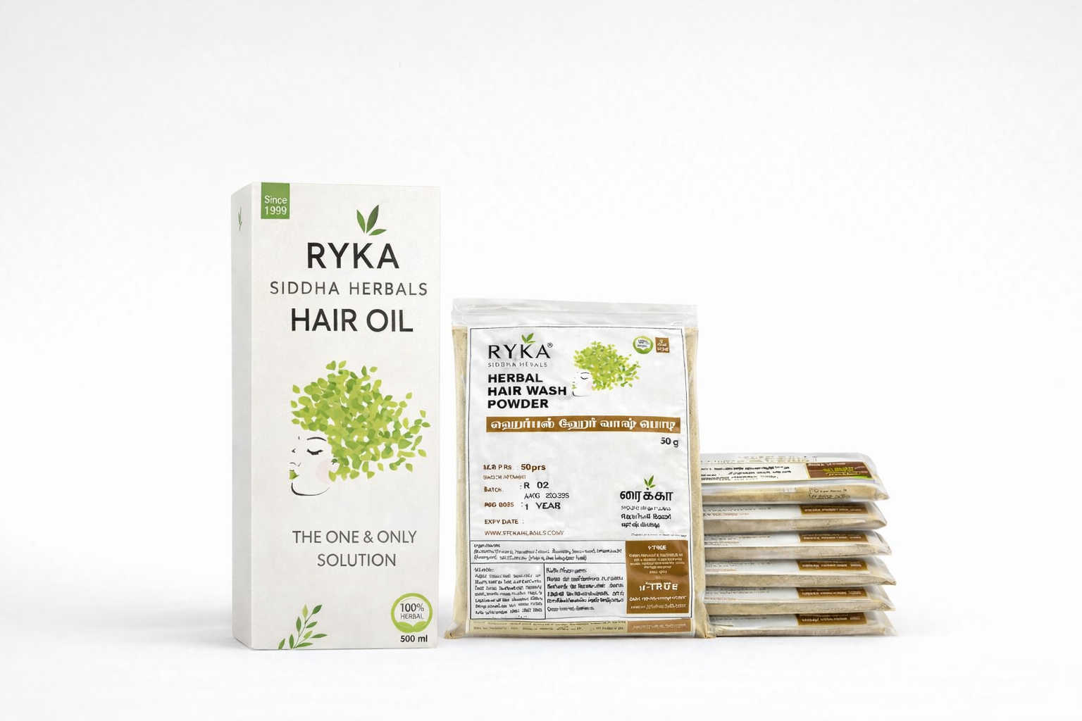 Ryka Herbal Hair Oil & Hair Wash Powder Combo Pack (500ml Oil + 6 Pack of Herbal Powder)
